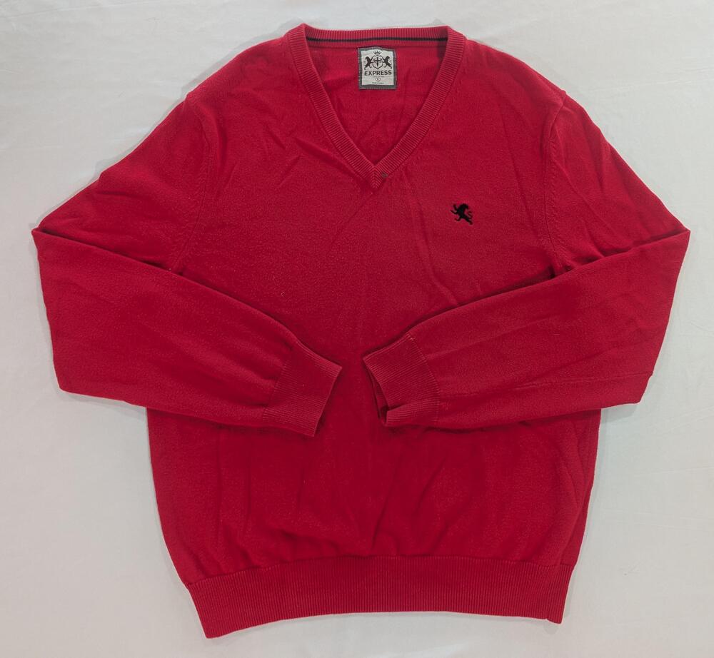 Express Sweater Mens L Red V Neck Cotton Knit Logo Lightweight Pullover